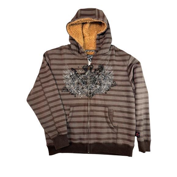 Top Heavy Striped Sherpa Hoodie Y2K Skater Zip Jacket Streetwear L headphone prt - Picture 1 of 10